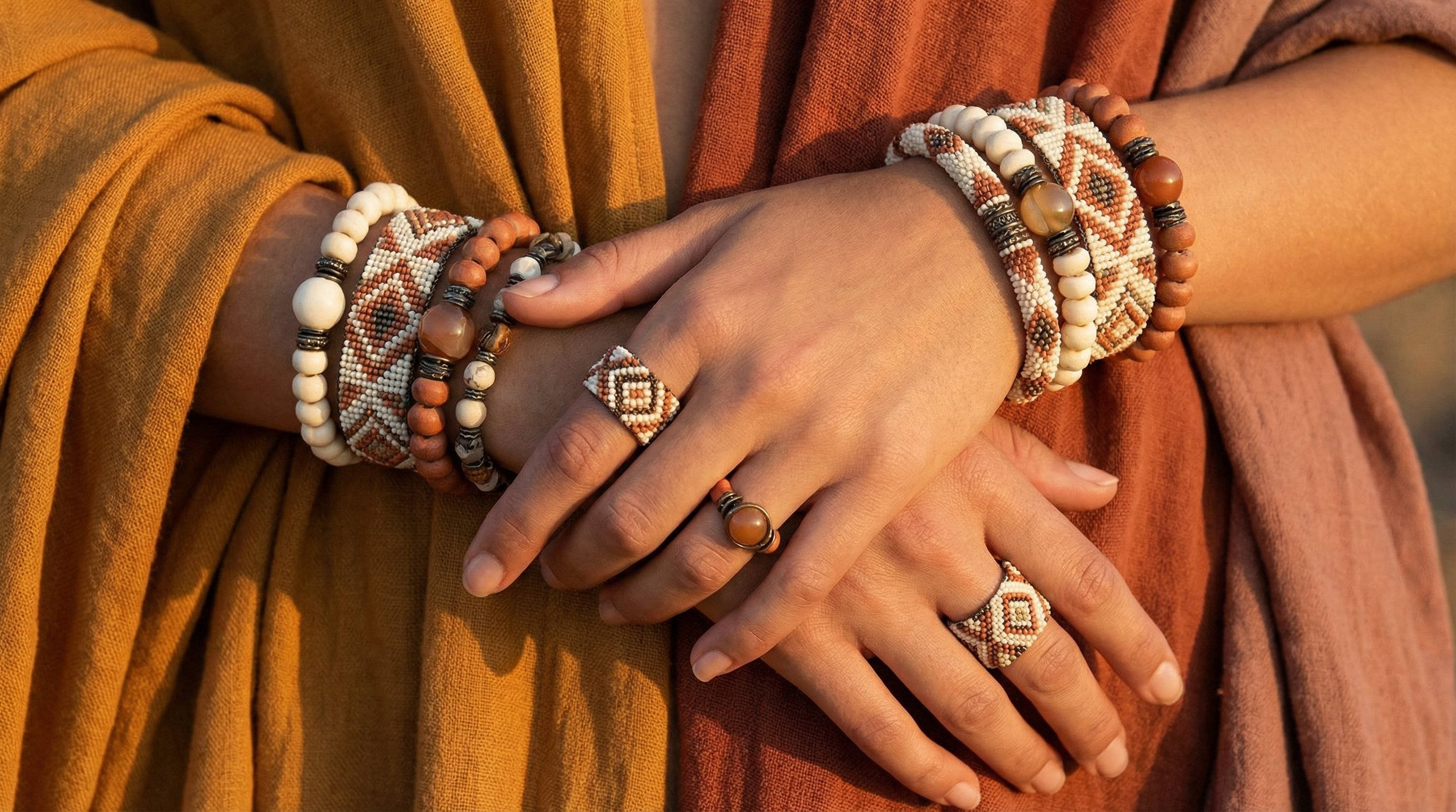 Handcrafted Khoisan-inspired beaded bracelets and rings in ostrich eggshell cream and earth tones